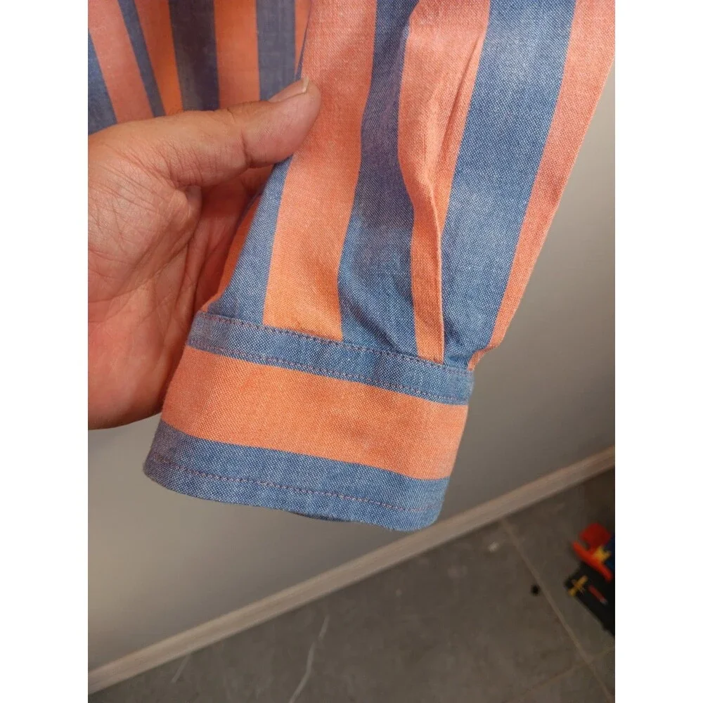 Vintage J.Crew Men's XL Long Sleeve Button Down Shirt Orange Blue Striped Casual